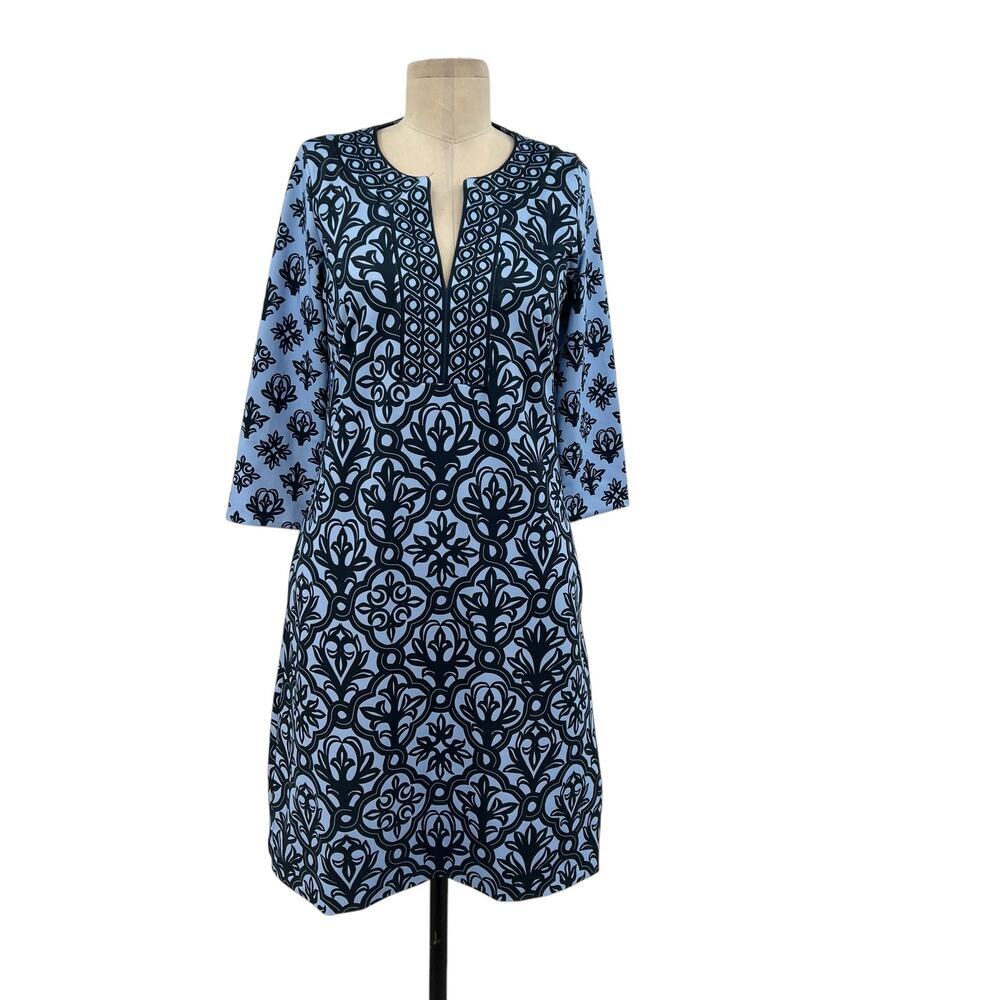 Gretchen Scott Split Neck Dress Mosaic‎ Tile Print Blue Size XS